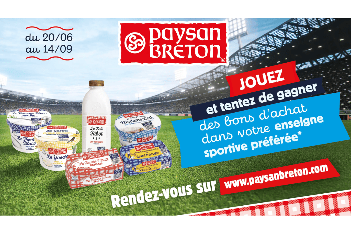 Concours Paysan Breton La Recette des Champions de l'Été du 20 juin au 14 septembre 2026 15 bons d'achat de 100 euros dans votre enseigne sportive préférée produits fromage blanc yaourt lait Ribot Madame Loïk beurre moulé demi-sel Guérande fond stade
