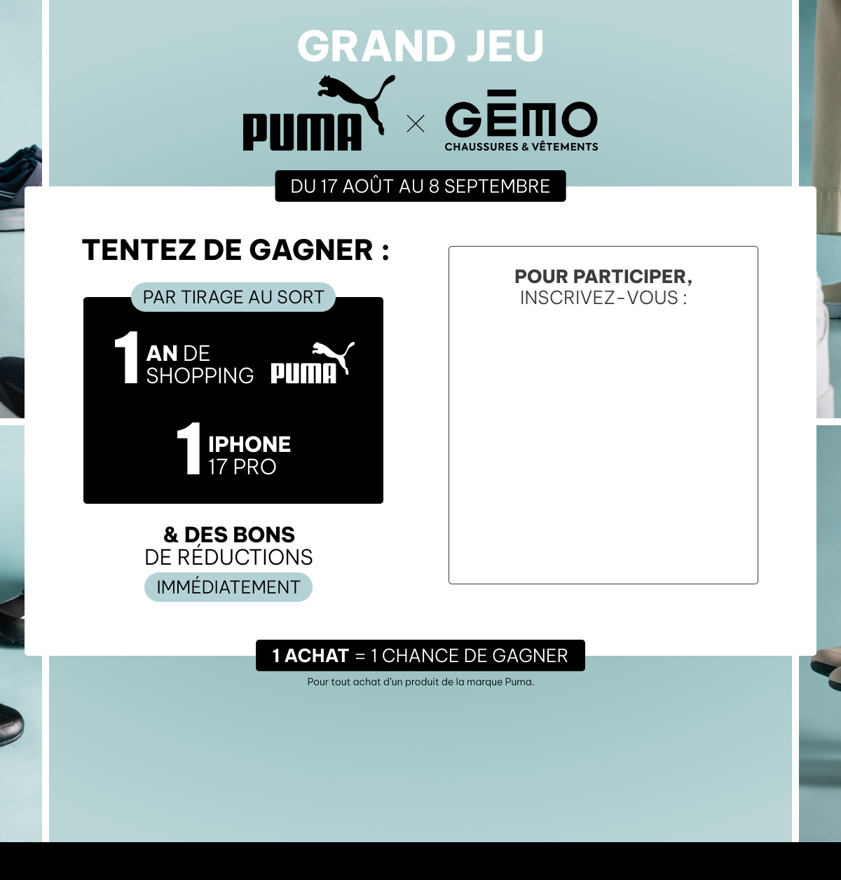 Grand Jeu Puma x Gémo avec un iPhone 17 Pro, un an de shopping et des bons de réduction à gagner