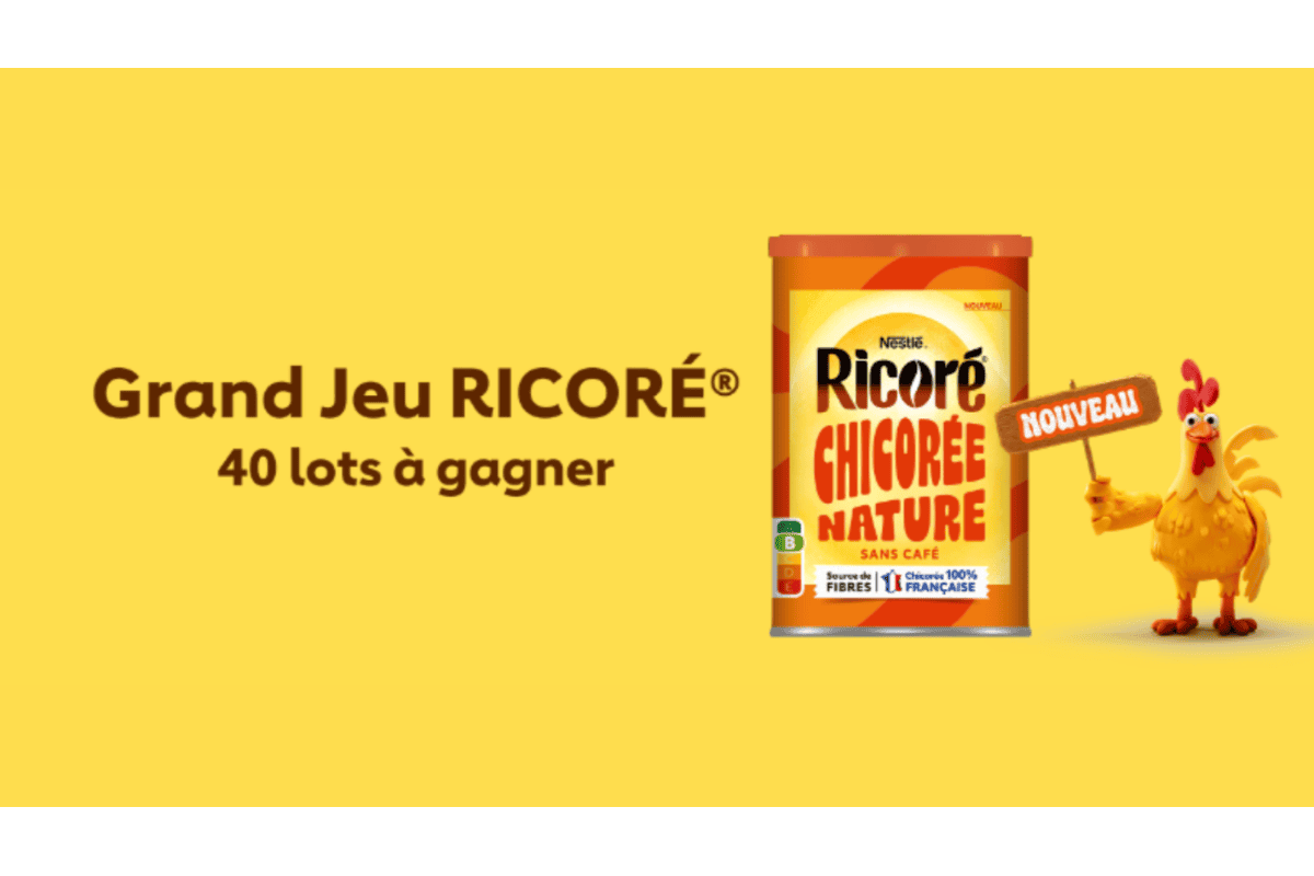 Grand Jeu Ricoré 40 lots à gagner concours Nestlé Goodnest chicorée nature 100 pourcent française source de fibres sans café et tasse Ricoré coq mascotte fond jaune juillet août 2026