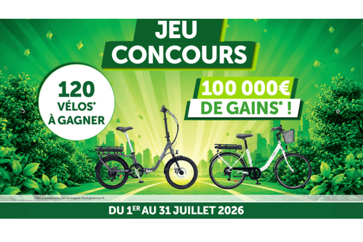Concours Roady Jeu Mobilité 120 vélos électriques à gagner valeur 118000 euros de gains vélo pliable gris et blanc ambiance urbaine verte du 1er au 31 juillet 2026