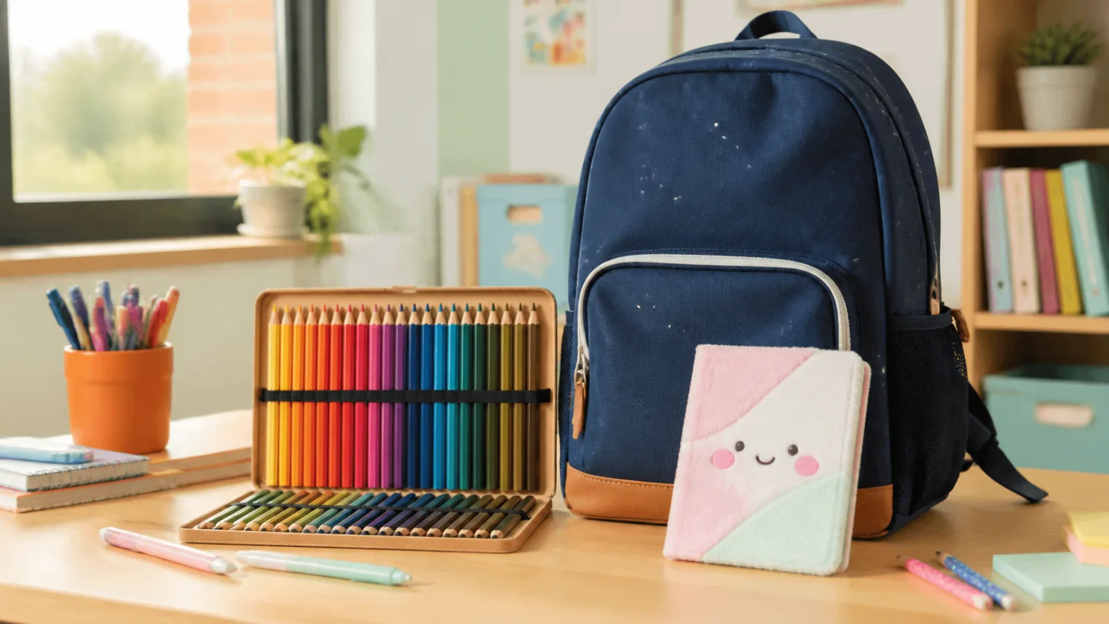 Kit de rentrée avec cartable bleu, crayons de couleur et carnet doux