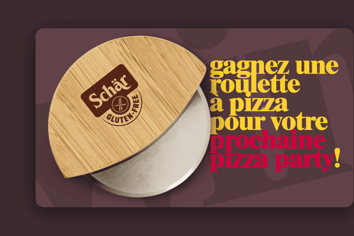 Concours Schär — Gagnez une roulette à pizza Schär Gluten Free (mezzaluna ronde avec dessus en bois et logo Schär Gluten Free) pour votre prochaine pizza party sans gluten, inscription gratuite par formulaire nom + téléphone sur pizza.schaer.com