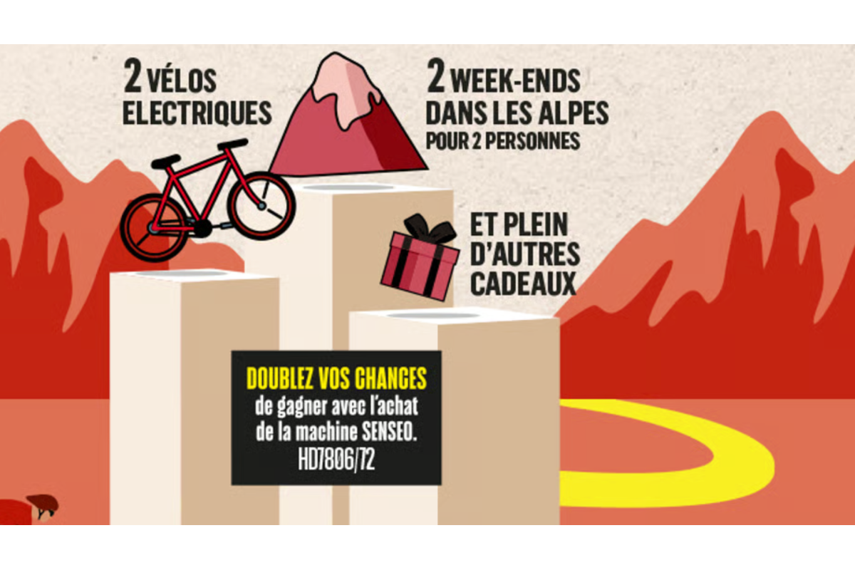 Concours Senseo Tour de France 100 pourcent gagnant 2 velos electriques 2 week-ends Alpes 10 GoPro 39 000 bons reduction 1 euro mai 2026