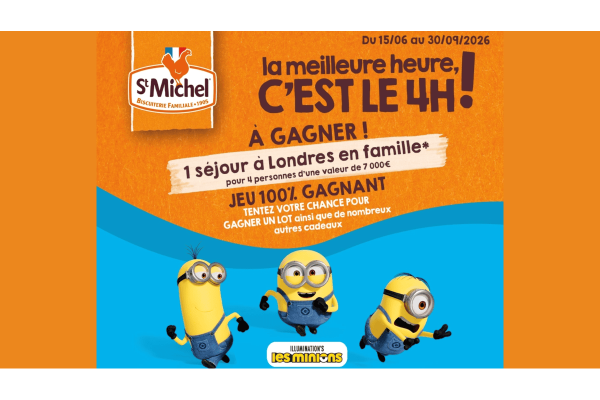 Concours St Michel Minions la meilleure heure c'est le 4h jeu 100 pourcent gagnant séjour famille à Londres 7000 euros 3 Minions Illumination biscuiterie familiale du 15 juin au 30 septembre 2026