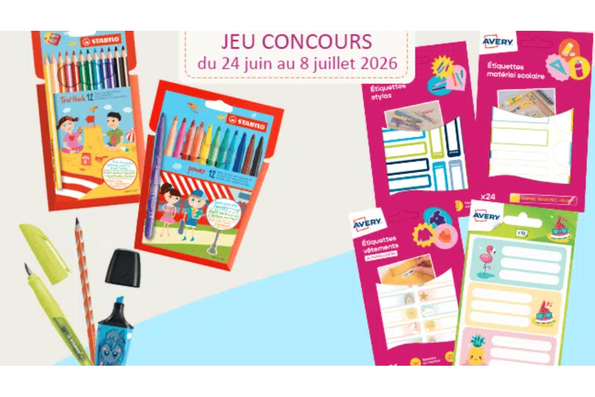 Concours rentrée primaire STABILO AVERY pack fournitures scolaires stylos crayons feutres étiquettes enfants 6 à 10 ans