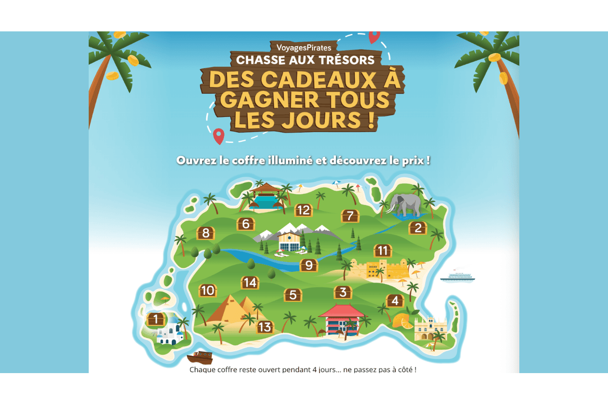 Concours Voyages Pirates Chasse aux Trésors 2026 carte au trésor île tropicale coffres 17 jours voyages à gagner