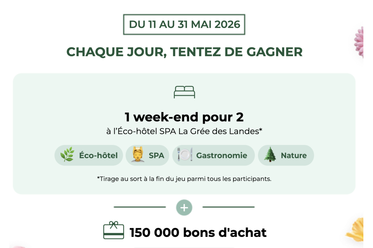 Grand Jeu Fête des Mères Yves Rocher 2026 instant gagnant 150000 codes 5 euros séjour spa La Grée des Landes