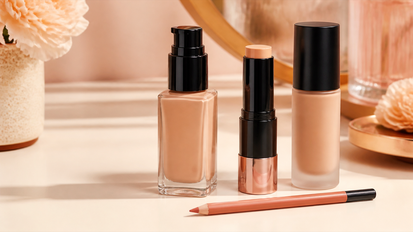 Sélection maquillage avec fonds de teint, stick et crayon à lèvres pêche