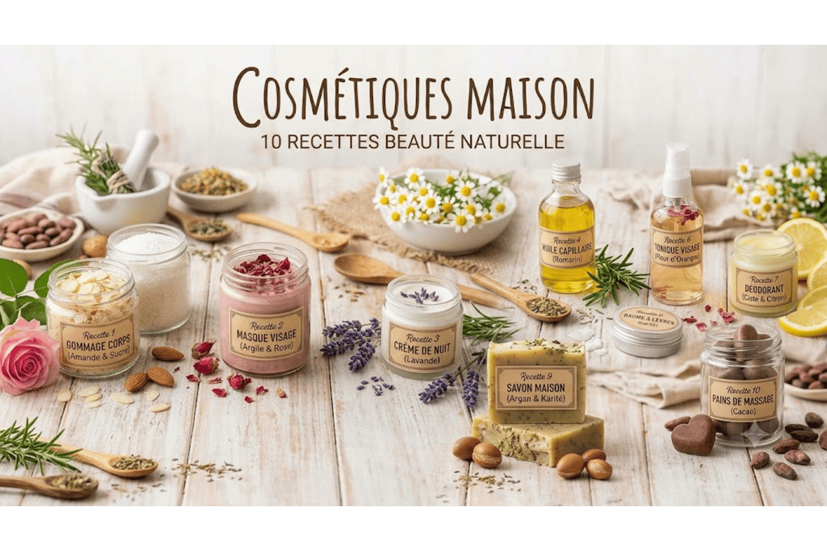 Cosmétiques maison 10 recettes naturelles ingrédients huile coco beurre karité argile miel avocat pots verre bois blanc rose lavande