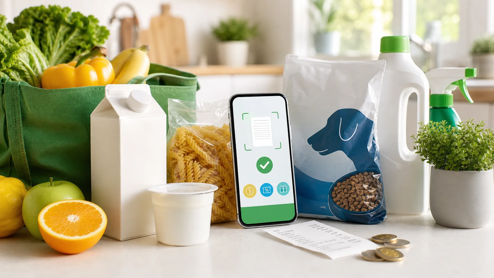 Courses alimentaires, ticket de caisse et téléphone illustrant les offres de remboursement Coupon Network