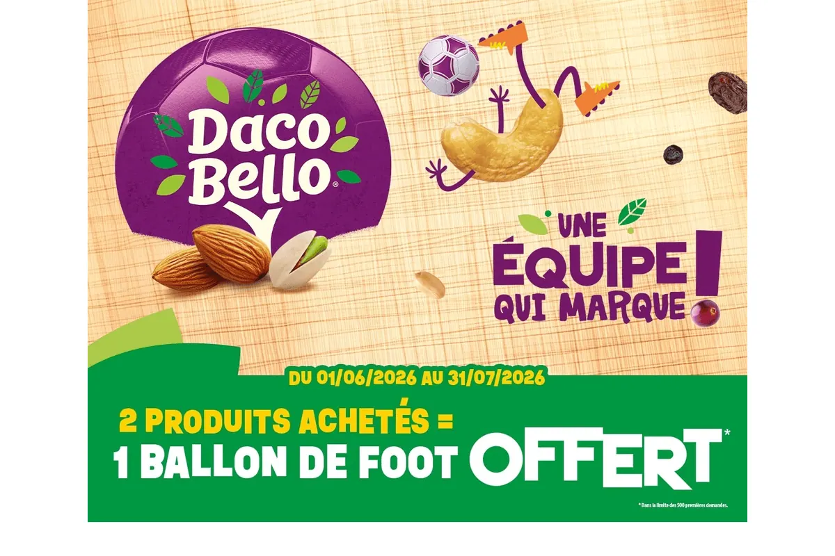 Concours Daco Bello Une équipe qui marque : logo Daco Bello violet ballon de foot amandes pistaches et noix de cajou avec ballon offert pour 2 produits achetés
