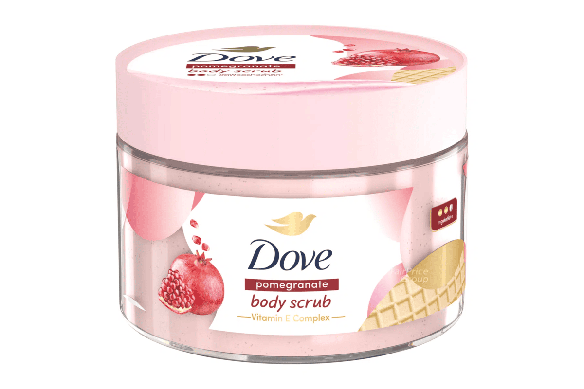 Gommage Corps Dove pomegranate body scrub aux pépins de grenade et beurre de karité 280g avec couvercle rose et grenade rouge