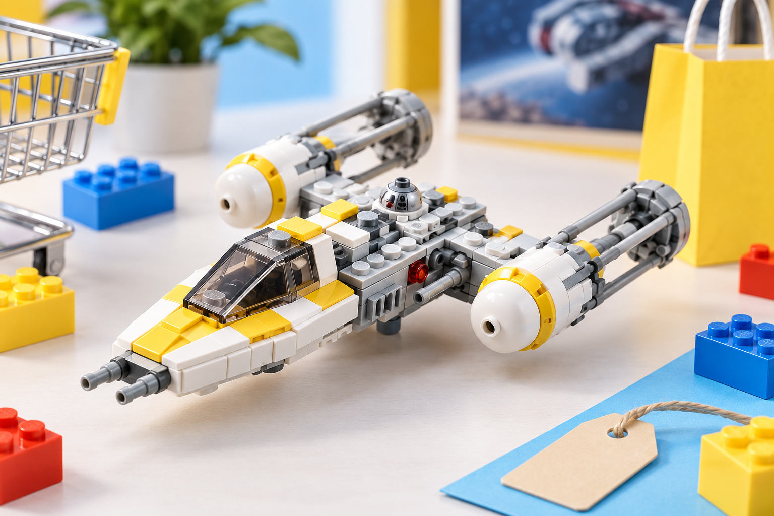 Vaisseau en briques de construction illustrant l'opération LEGO E.Leclerc