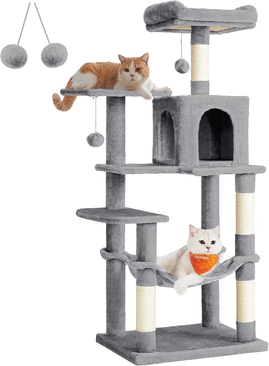 Arbre à chat FEANDREA gris clair de 137,7 cm avec niche, hamac et plateformes