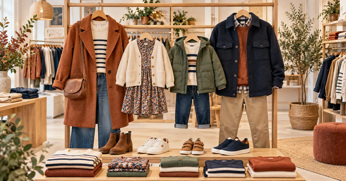 Sélection de vêtements et chaussures d’automne pour toute la famille