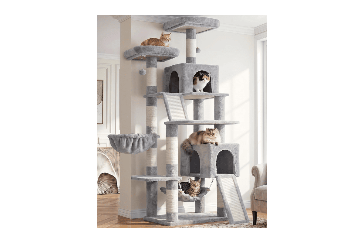Arbre à chat Gitelsnour 180 cm gris clair 7 poteaux griffer 2 griffoirs perchoirs lits hamac grandes races
