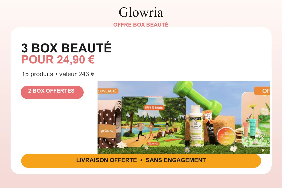Offre Glowria 3 box beauté pour 24,90 euros avec 2 box offertes, 15 produits et livraison gratuite