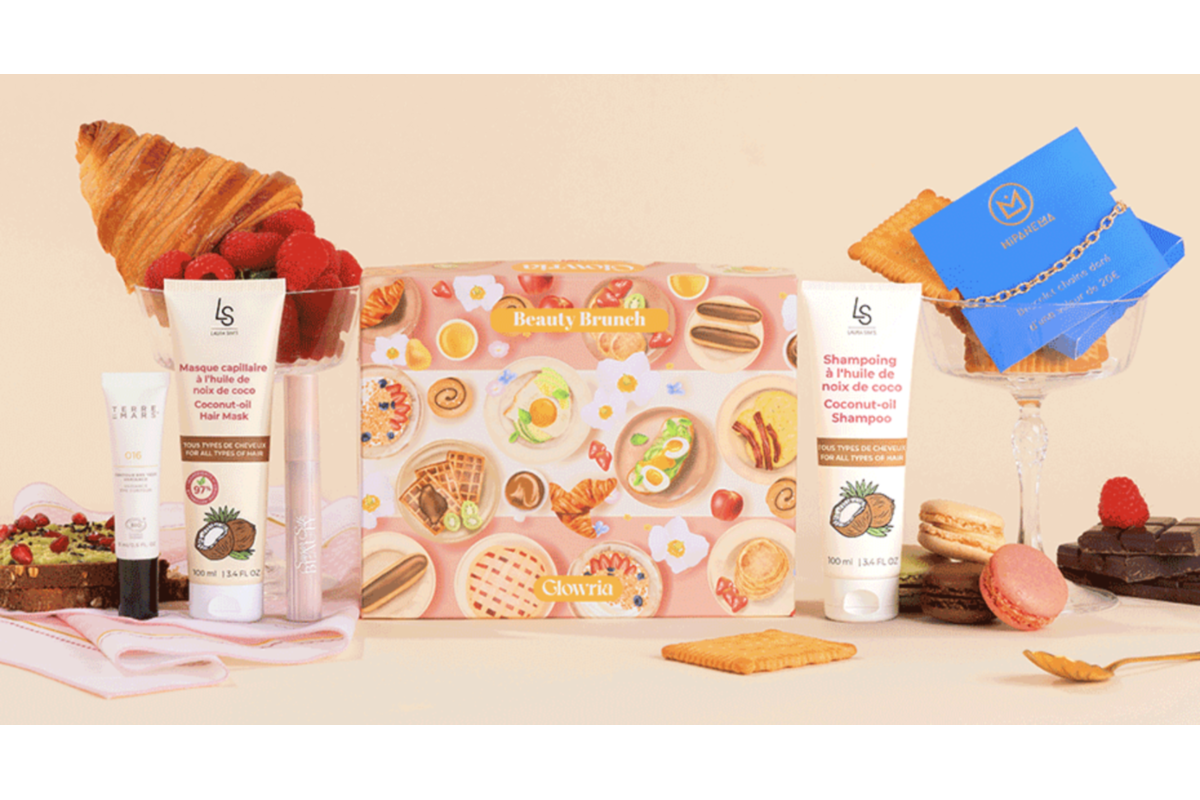 La box Beauty Brunch Glowria avec les 5 produits et le bracelet Hipanema