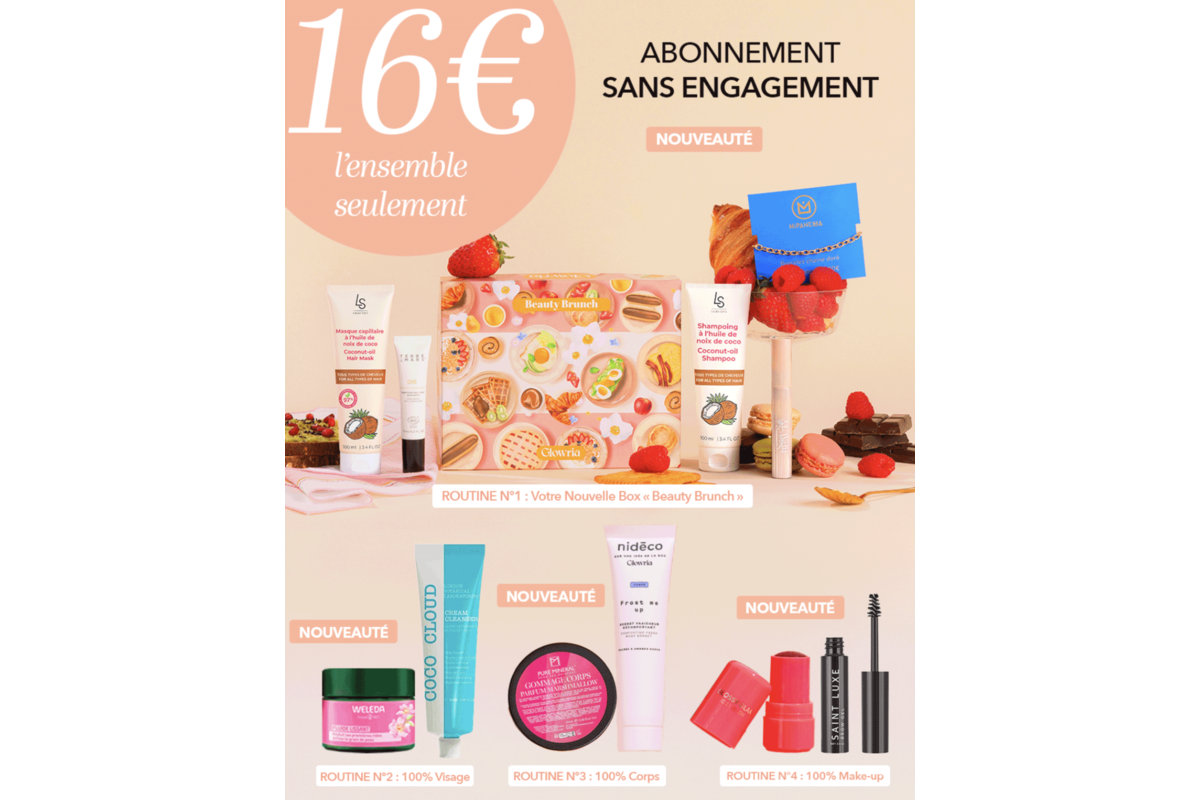Glowria méga offre 4 routines beauté 11 produits pour 16€ sans engagement