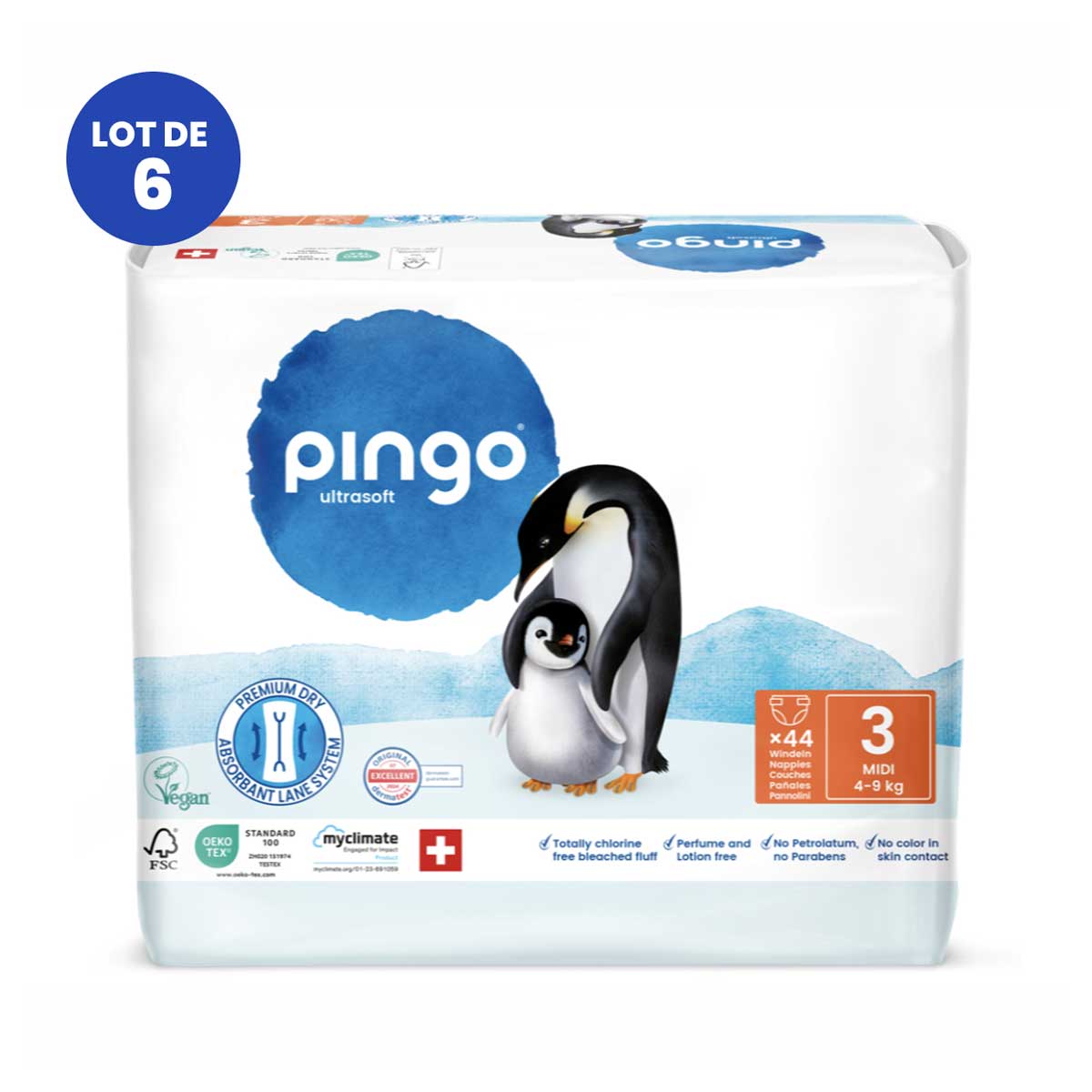 Lot de six paquets de 44 couches écologiques Pingo taille 3