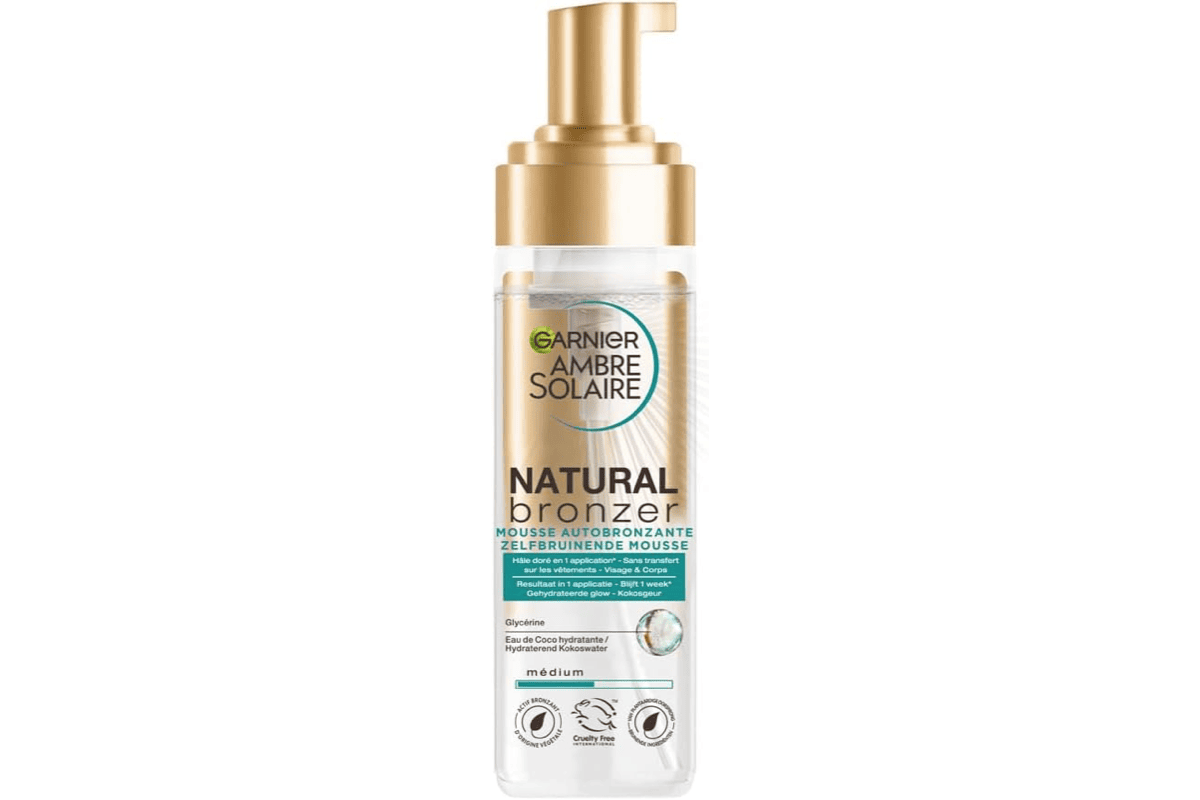 Garnier Ambre Solaire Natural Bronzer Mousse Autobronzante 200 ml hydratante eau de coco glycérine vegan visage corps