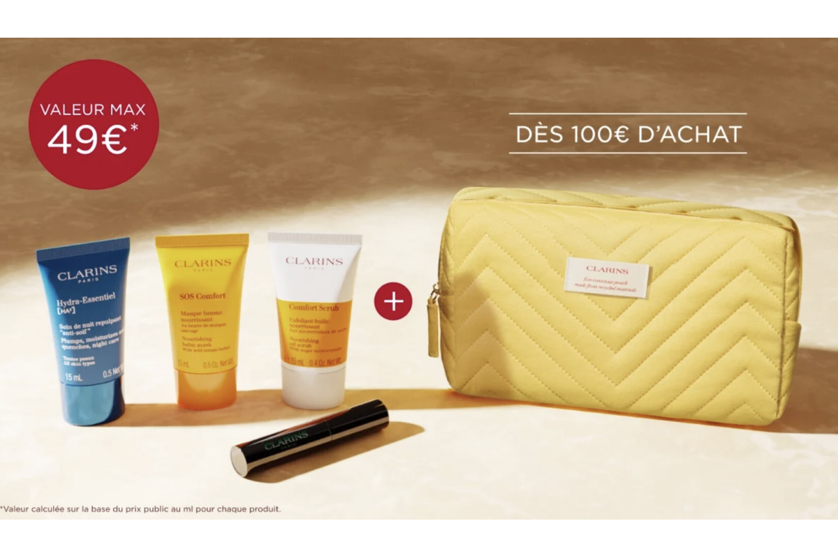 Clarins : dès 100€ d'achat, 4 essentiels + trousse offerts (valeur max 49€)