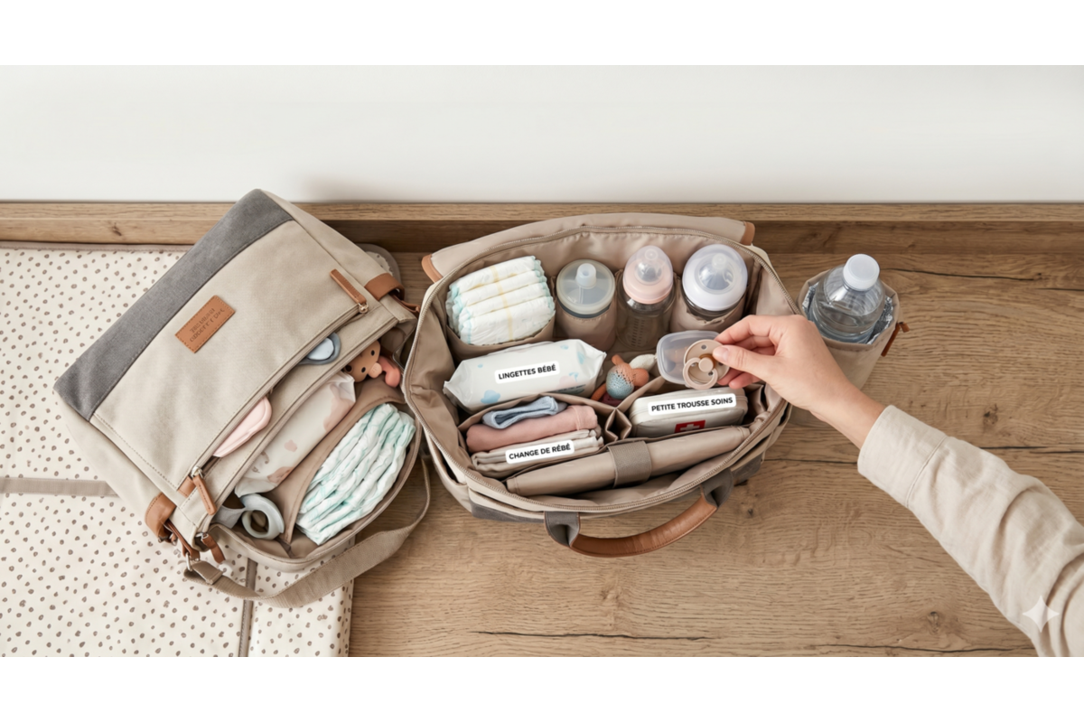 Sac à langer Béaba ouvert avec accessoires bébé organisés vue du dessus