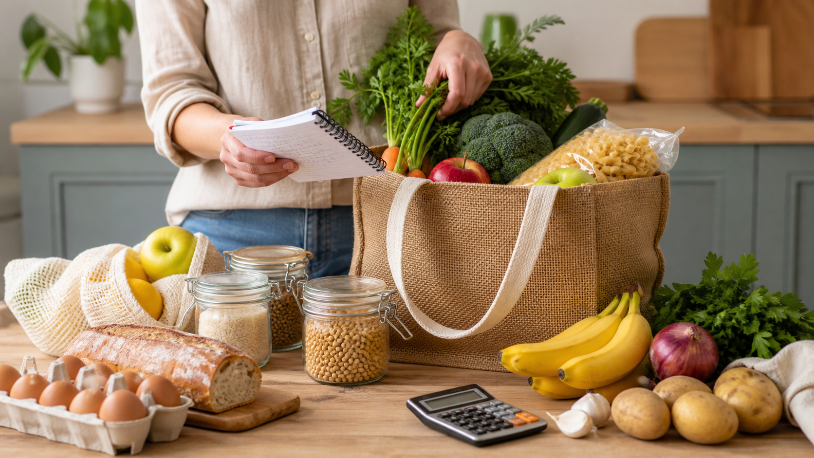 Courses alimentaires à petit budget avec panier équilibré, liste et calculatrice