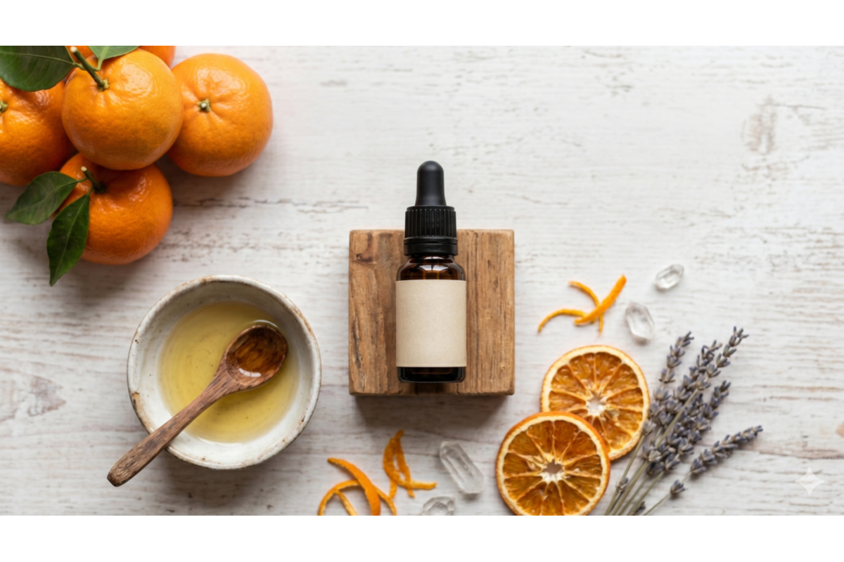Essence de Mandarine Pranarōm flacon ambré et fruits de mandarine fraîche