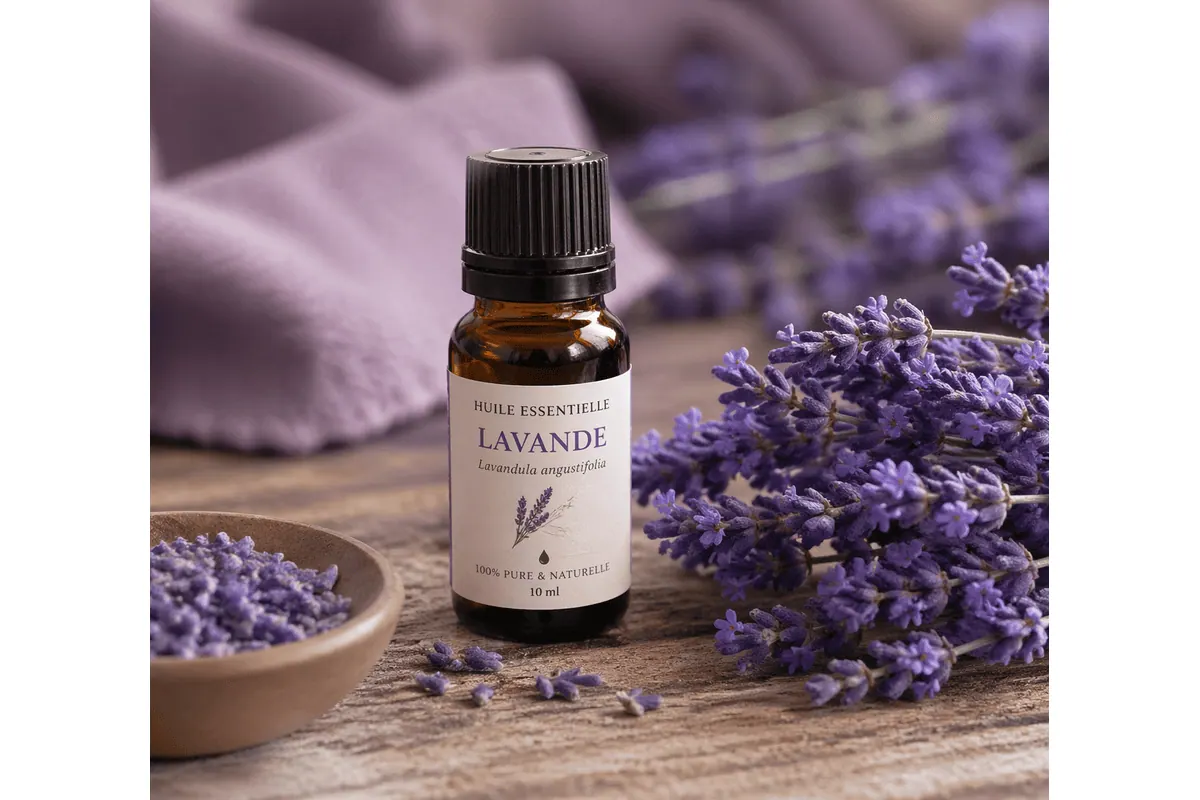 Flacon d'huile essentielle de lavande fine et brins de lavande