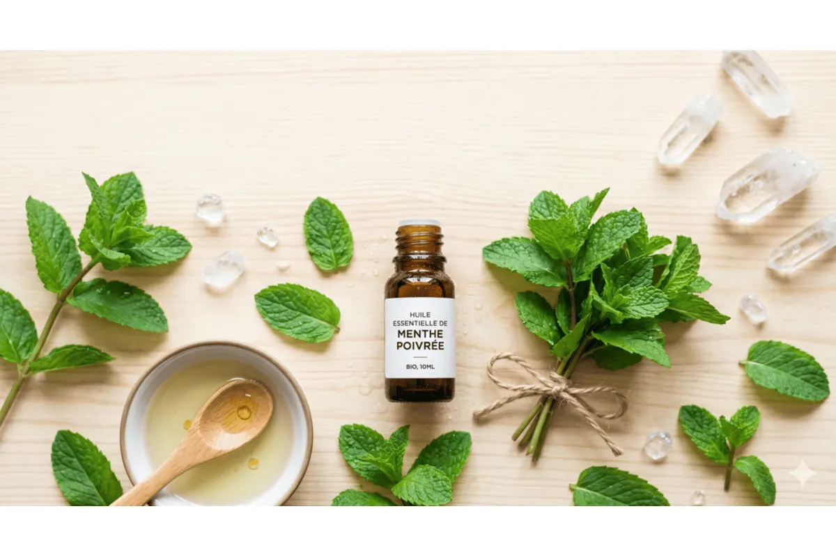 Flacon d'huile essentielle de menthe poivrée Pranarôm avec feuilles de menthe