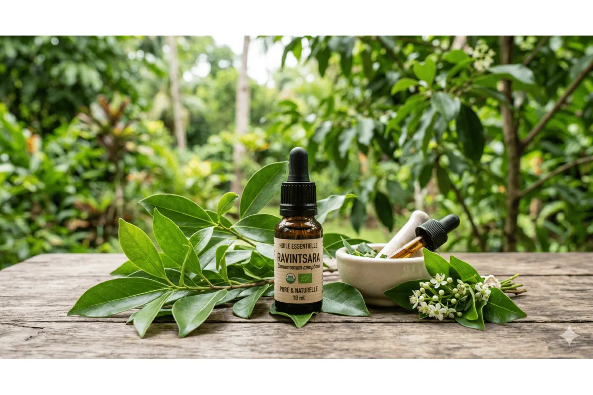 Flacon d'huile essentielle de Ravintsara Pranarōm 10 ml avec des feuilles