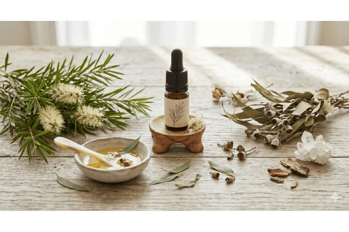 Flacon Pranarōm d’huile essentielle de Tea Tree avec feuilles de Melaleuca alternifolia
