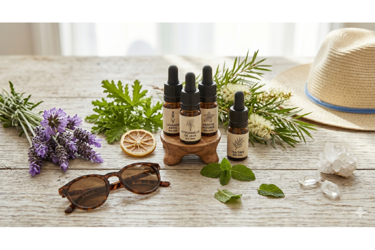 Sélection huiles essentielles été Pranarōm Citronnelle Lavande Géranium Cyprès Menthe Ylang-Ylang