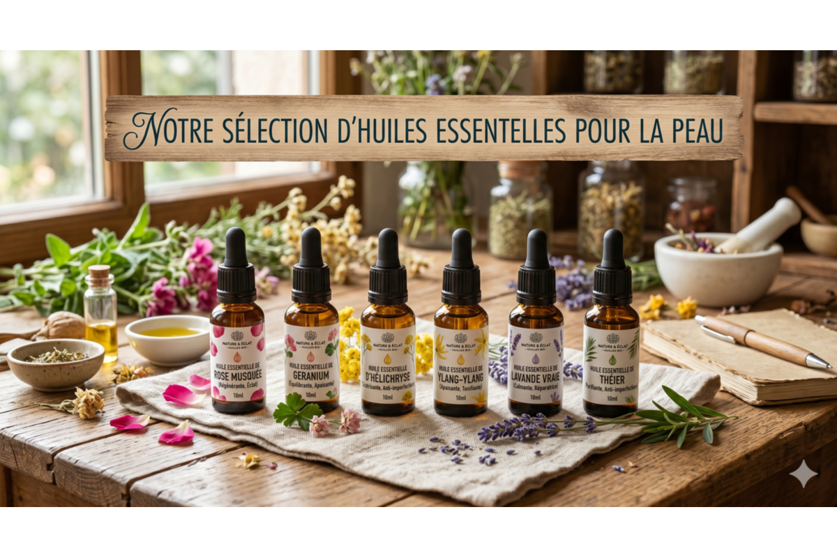 Sélection d'huiles essentielles Pranarōm pour la peau Rose Musquée Géranium Hélichryse Lavande