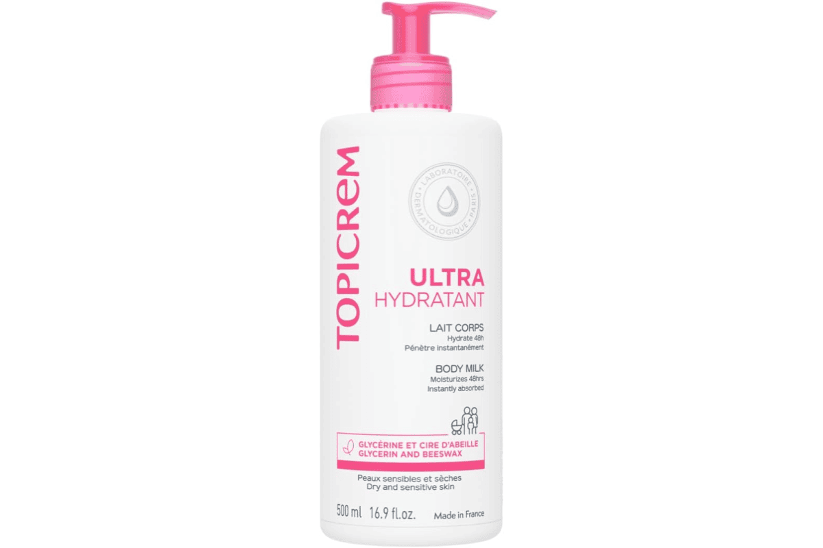 Topicrem Ultra Hydratant Lait Corps 500ml 48h relipide fabrication française peaux sensibles texture onctueuse