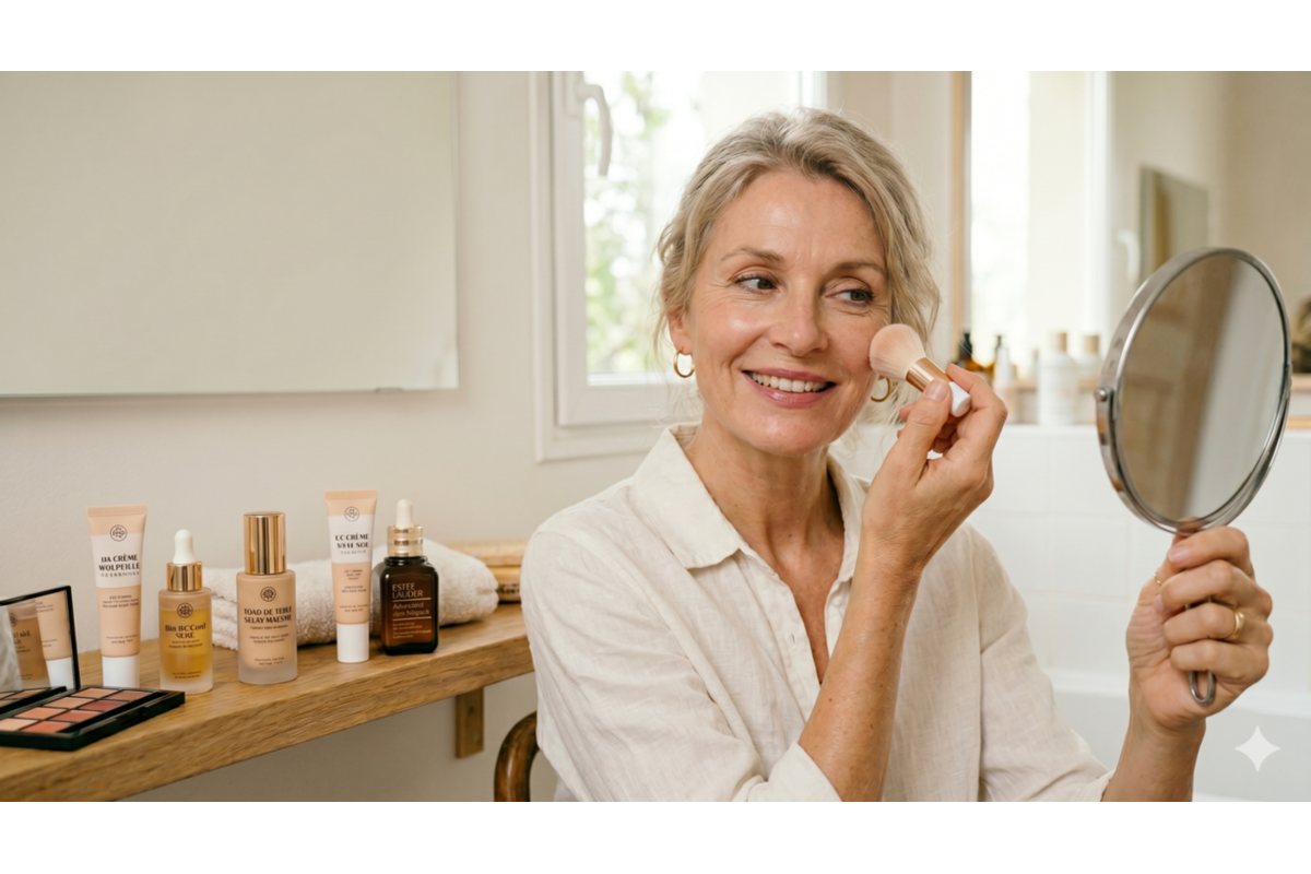 Maquillage peau mature femme senior appliquant blush pinceau miroir conseils naturels