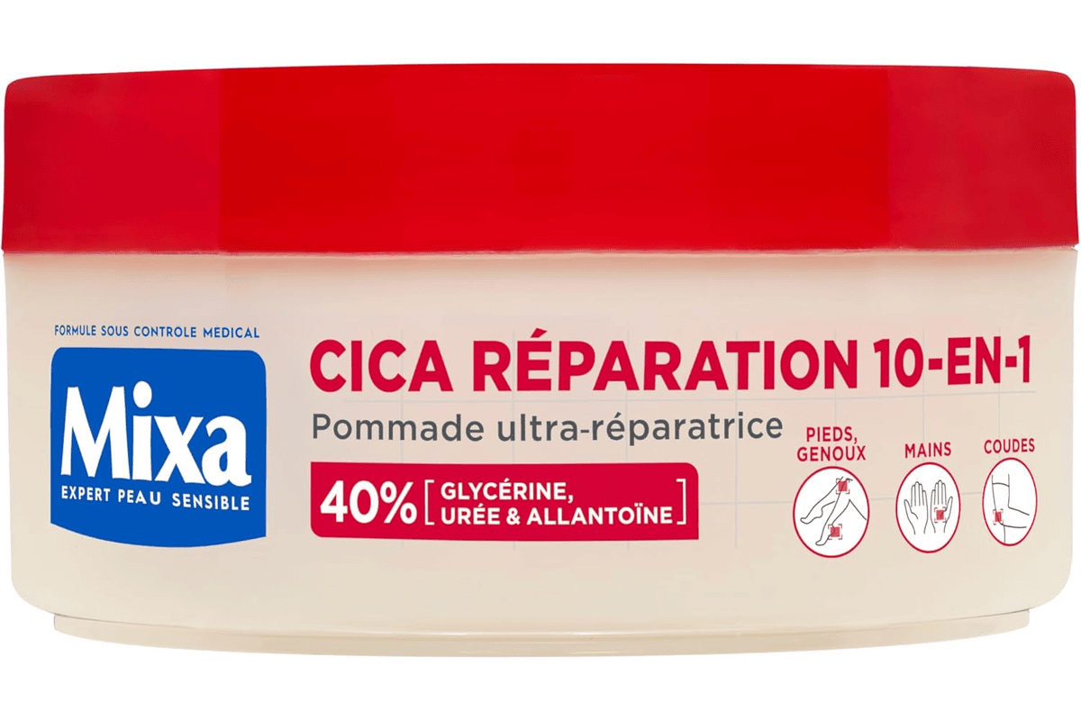 Mixa Expert Peau Sensible Pommade Ultra-Réparatrice Cica Réparation 10-en-1 peaux extra sèches rugosités pieds genoux mains coudes 100h hydratation 150ml