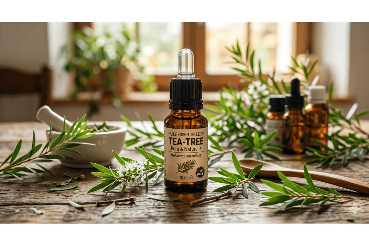 Flacon et feuilles de Tea Tree avec différents produits cosmétiques