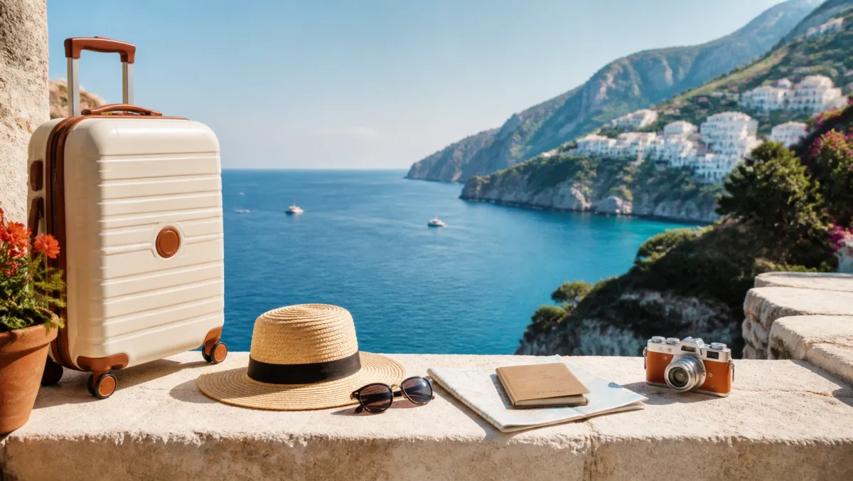 Voyage en bord de mer avec valise, chapeau et paysage méditerranéen