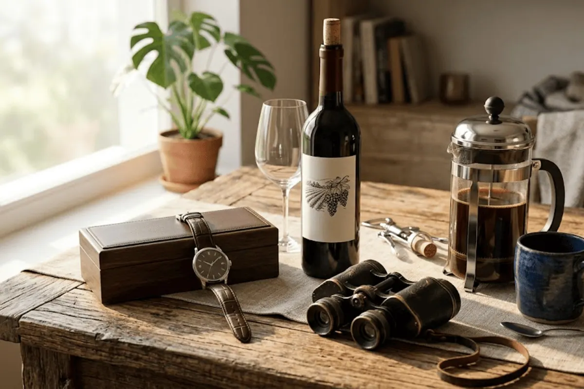 Cadeau papa Fete des Peres table bois rustique coffret montre cuir vin rouge jumelles cafetiere French Press