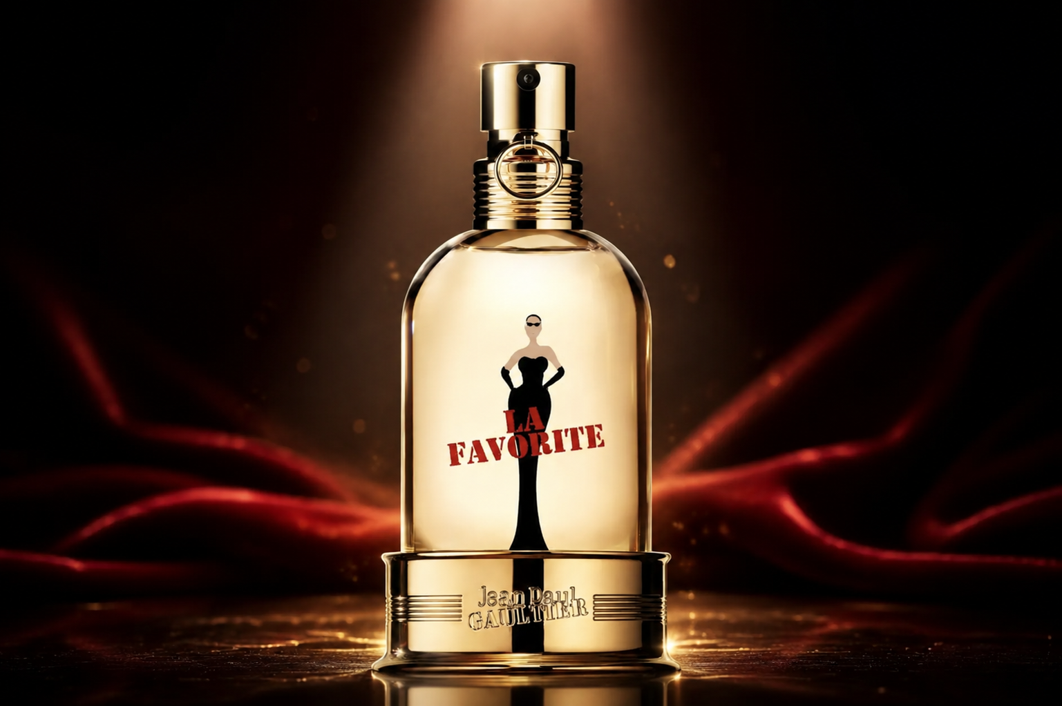 Flacon Jean Paul Gaultier La Favorite Eau de Parfum testé et photographié sur fond noir et bordeaux