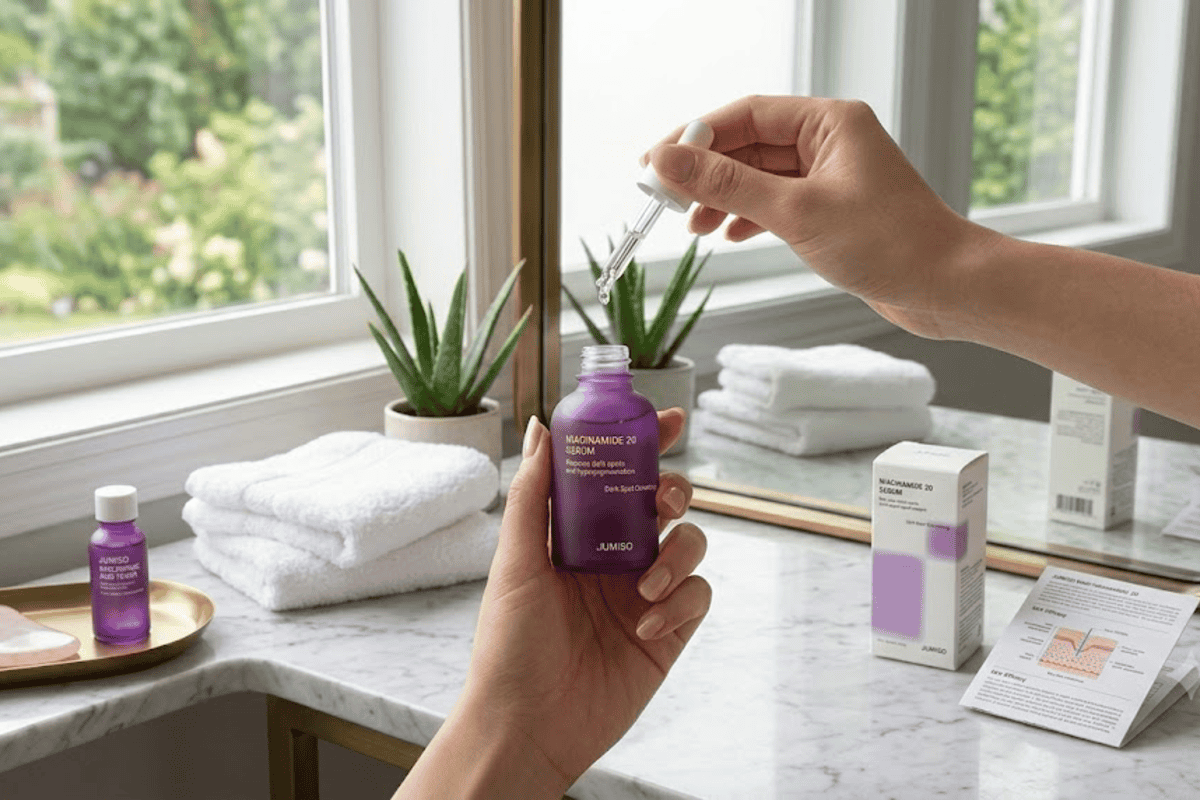 JUMISO Niacinamide 20 Sérum (40 ml) — sérum K-Beauty affinant pores et anti-hyperpigmentation à 14,39 € sur YesStyle : niacinamide 20%, acide tranéxamique, glutathion, centella, acide hyaluronique, sans parfum (main tenant la pipette ouverte au-dessus d'un plan en marbre)