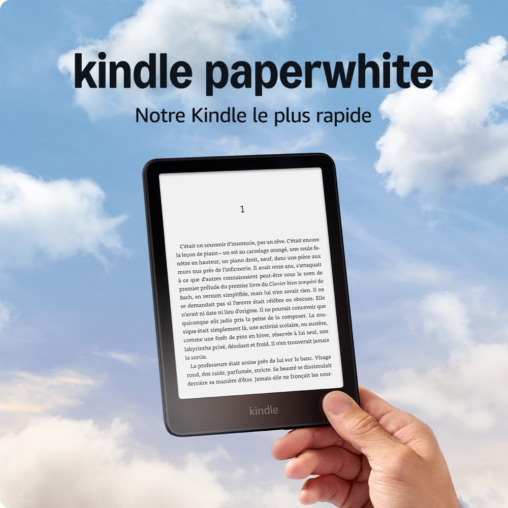 Kindle Paperwhite noire 16 Go sans publicités tenue dans une main
