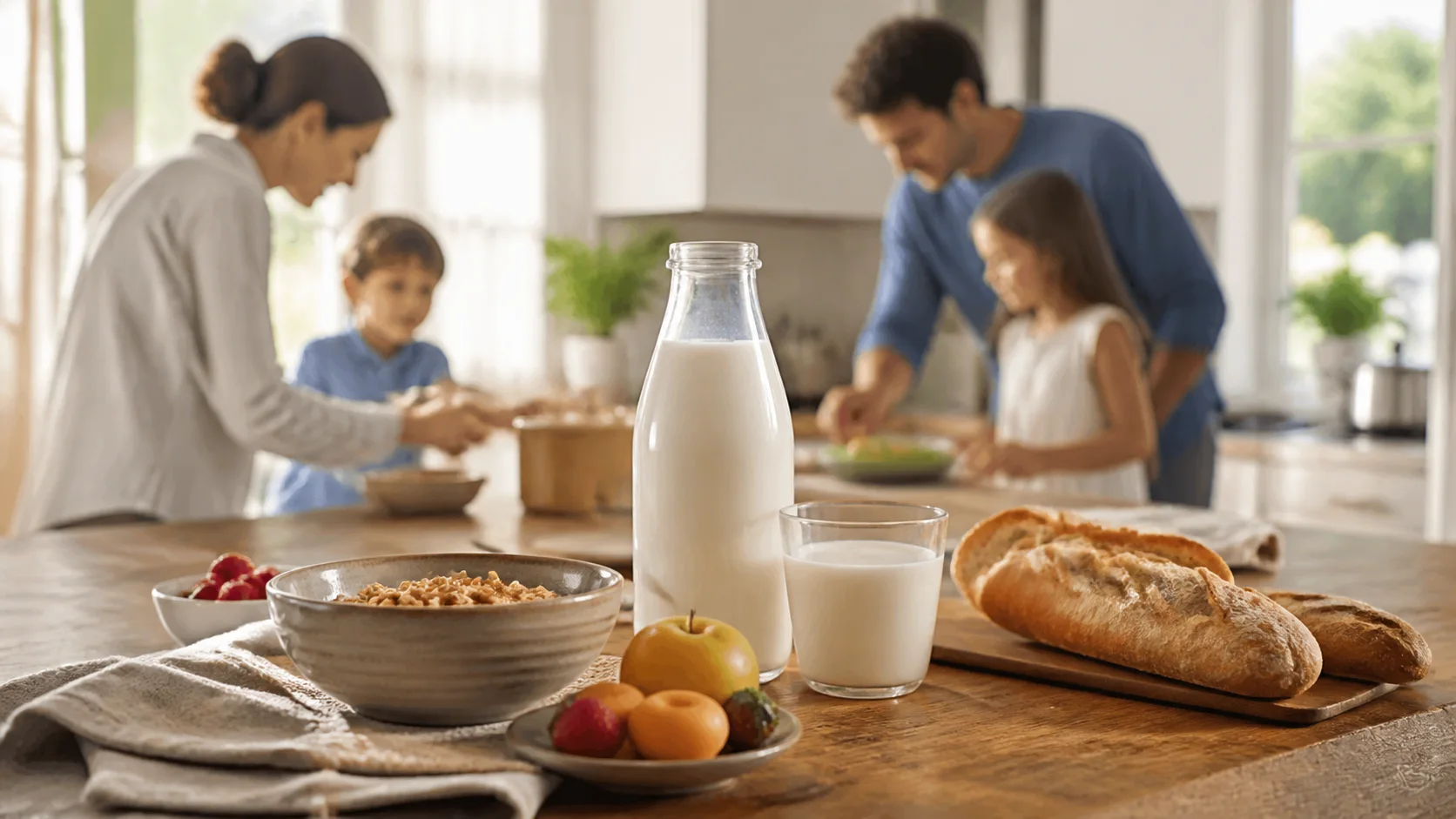 Petit-déjeuner familial avec lait, céréales, pain et fruits