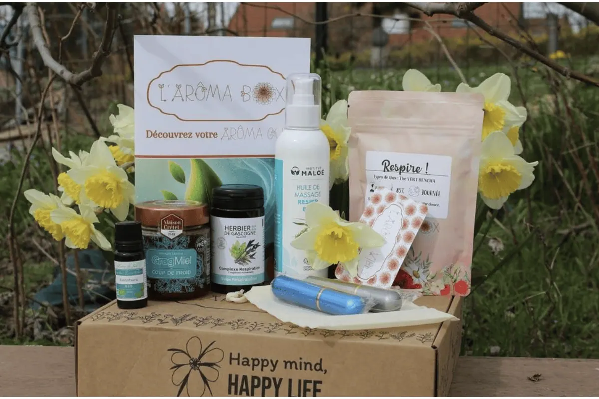 L'Arôma Box Respire huile essentielle Energy Miel herbier Gascogne huile massage Maloé tisane roll-on apaisant