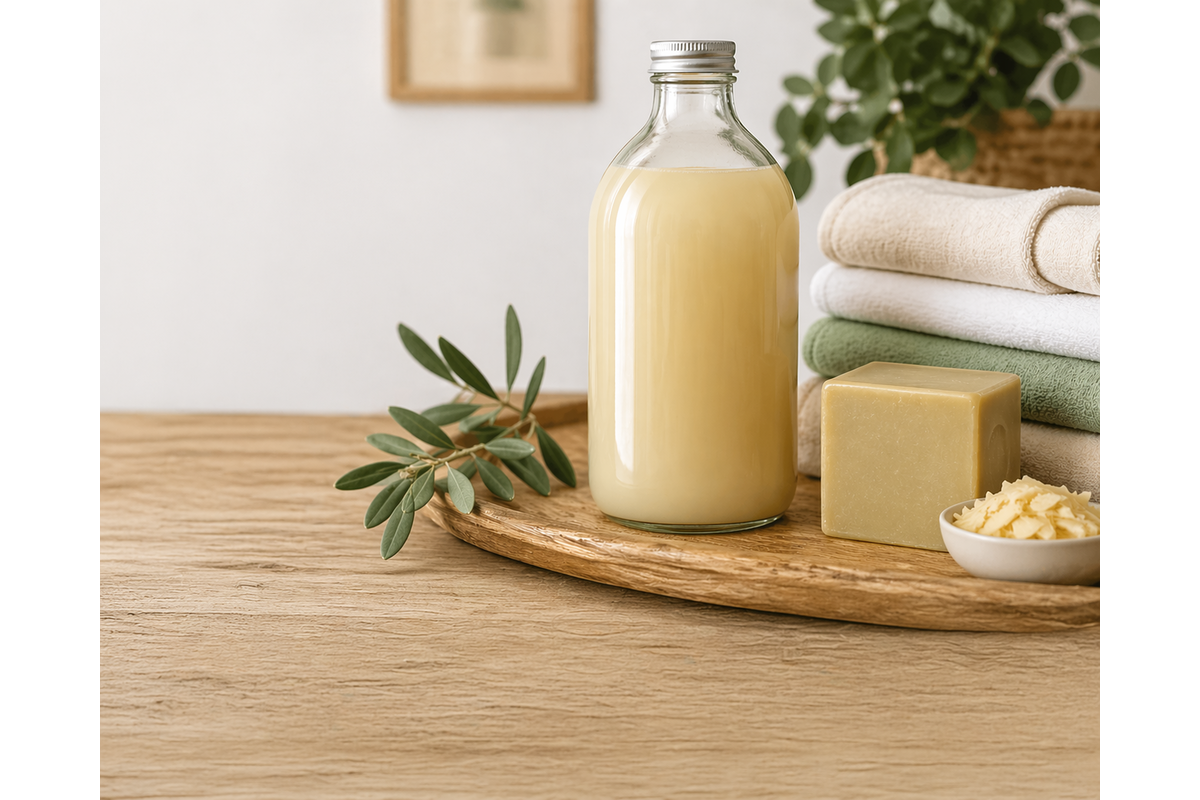 Lessive maison naturelle au savon de Marseille bouteille en verre et linge plié écologique
