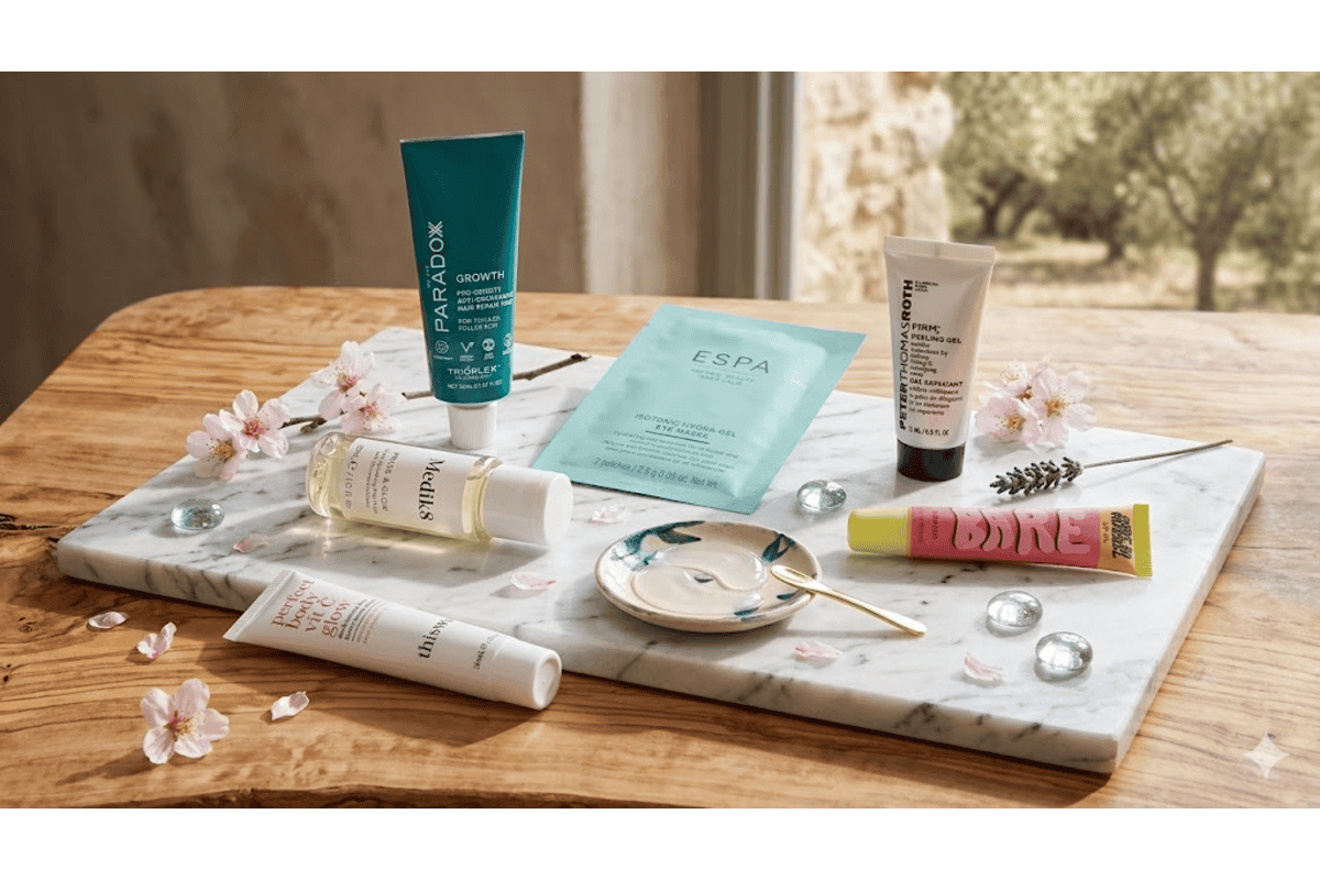 Lookfantastic Beauty Box juin 2026 Medik8 Press and Glow Peter Thomas Roth Firm X ESPA Hydra Gel Eye Mask Paradox Made By Mitchell Bare Lip Oil mise en scène marbre fleurs de cerisier