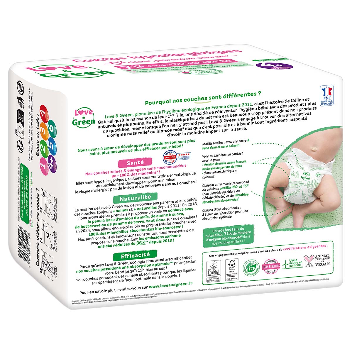 Informations produit au dos du paquet de couches Love & Green T4+