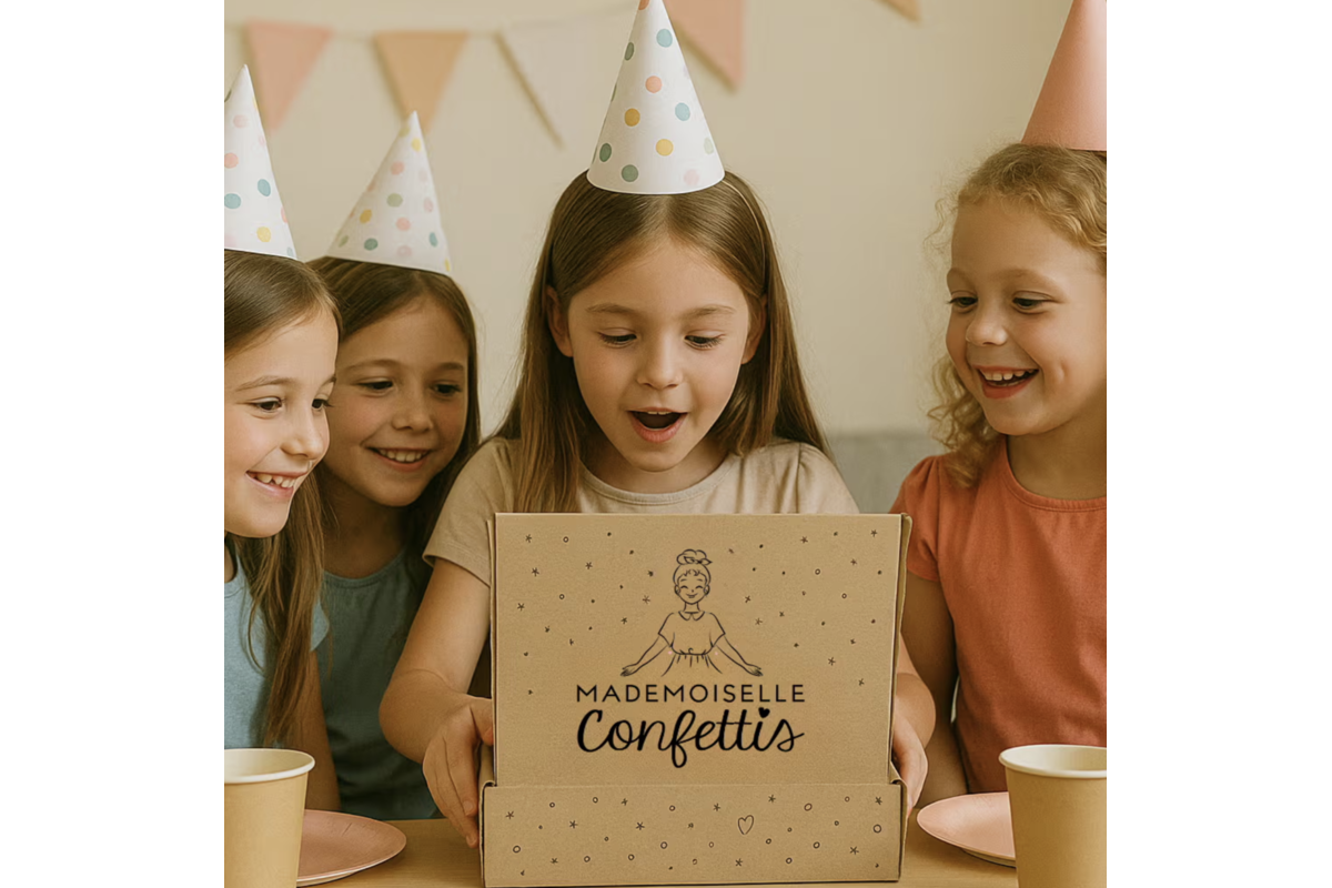 Petites filles ouvrant leur box anniversaire Mademoiselle Confettis